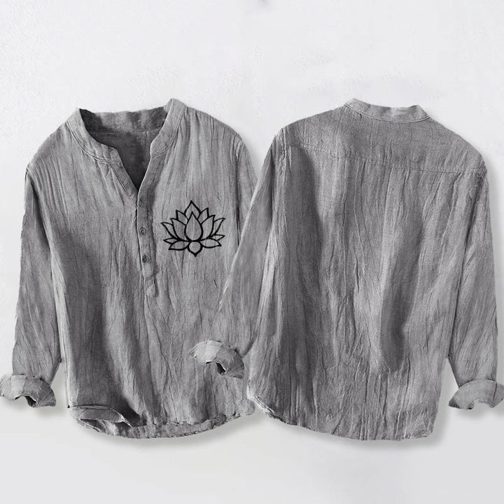 Camicia da uomo in cotone e lino a maniche lunghe con bottoni mezzi e motivo a fiori di loto Buddha Stones - image 2