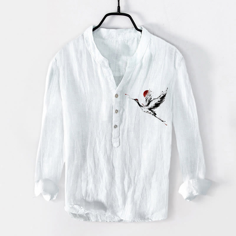 Camicia da uomo in cotone e lino a maniche lunghe con motivo a gru volante, sole Buddha Stones - Bianco - US/UK/AU50, EU60 (5XL) - image 6