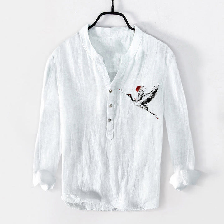 Camicia da uomo in cotone e lino a maniche lunghe con motivo a gru volante, sole Buddha Stones - Bianco - US/UK/AU50, EU60 (5XL) - image 6