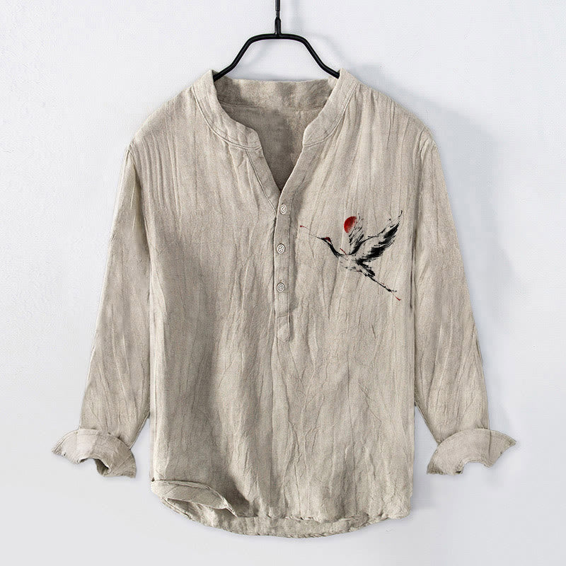 Camicia da uomo in cotone e lino a maniche lunghe con motivo a gru volante, sole Buddha Stones - Biancheria - US/UK/AU50, EU60 (5XL) - image 0