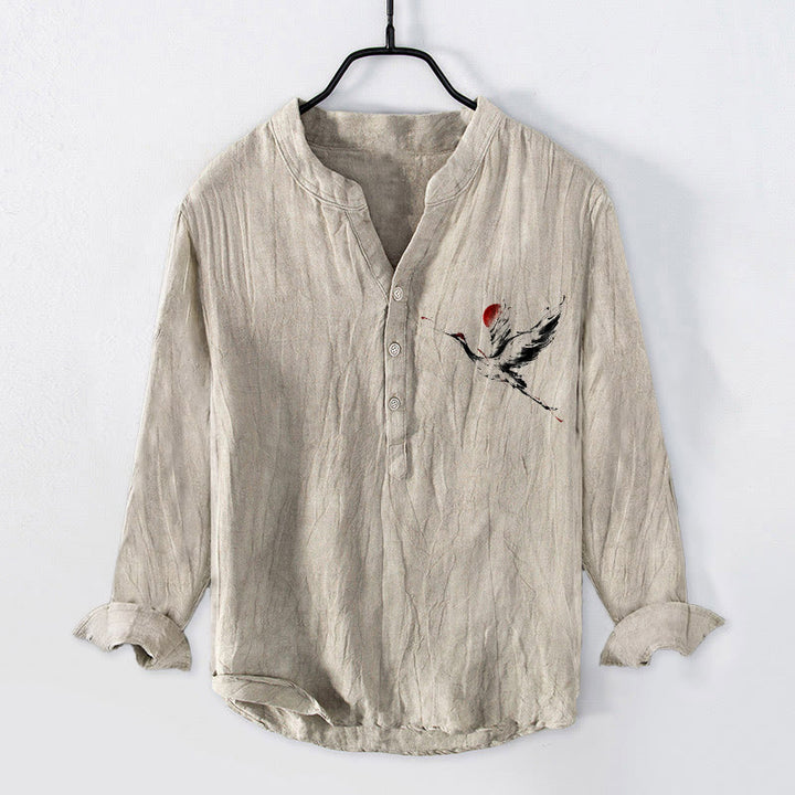 Camicia da uomo in cotone e lino a maniche lunghe con motivo a gru volante, sole Buddha Stones - Biancheria - US/UK/AU50, EU60 (5XL) - image 0