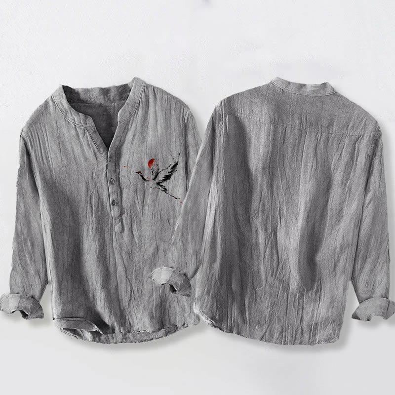Camicia da uomo in cotone e lino a maniche lunghe con motivo a gru volante, sole Buddha Stones - image 5
