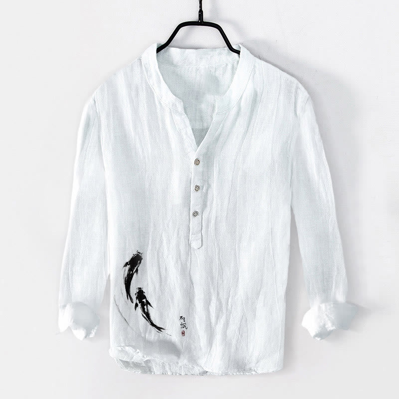 Camicia da uomo in cotone e lino a maniche lunghe con motivo Buddha Stones due pesci koi, bottoni a metà - Bianco - US/UK/AU50, EU60 (5XL) - image 6