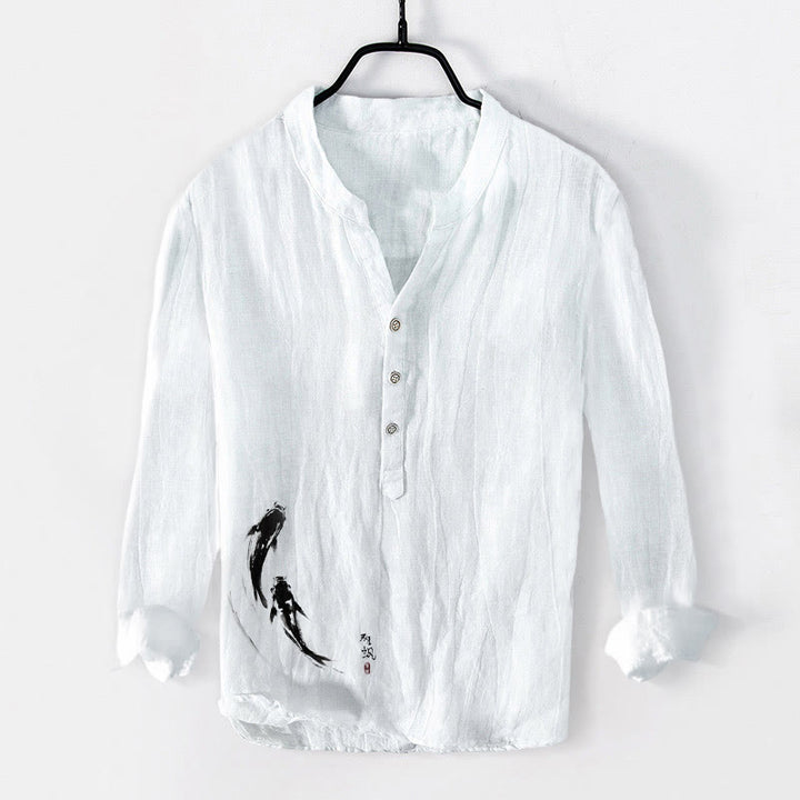 Camicia da uomo in cotone e lino a maniche lunghe con motivo Buddha Stones due pesci koi, bottoni a metà - Bianco - US/UK/AU50, EU60 (5XL) - image 6