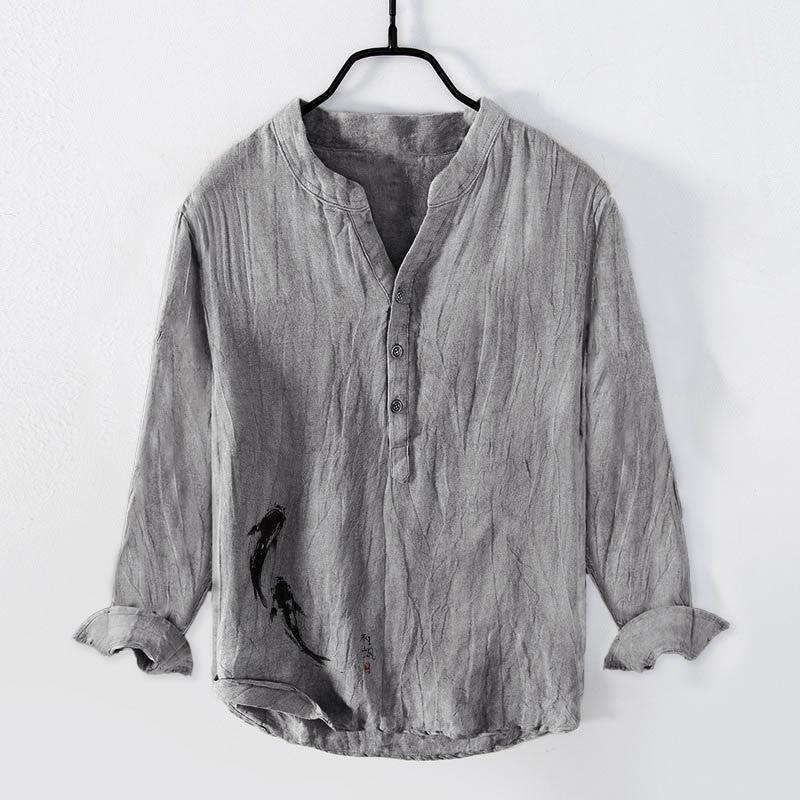 Camicia da uomo in cotone e lino a maniche lunghe con motivo Buddha Stones due pesci koi, bottoni a metà - Grigio - US/UK/AU50, EU60 (5XL) - image 3