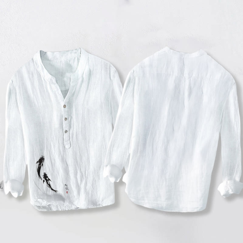 Camicia da uomo in cotone e lino a maniche lunghe con motivo Buddha Stones due pesci koi, bottoni a metà - image 8