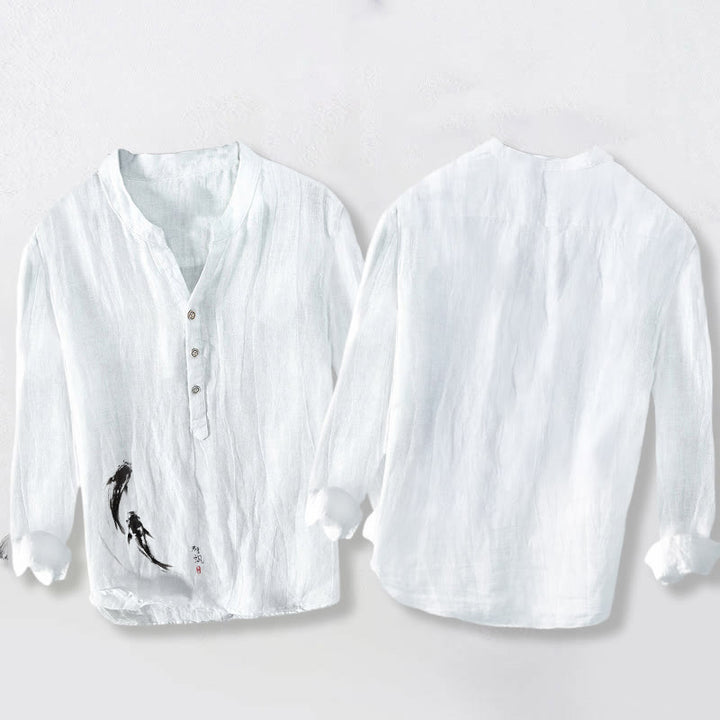 Camicia da uomo in cotone e lino a maniche lunghe con motivo Buddha Stones due pesci koi, bottoni a metà - image 8