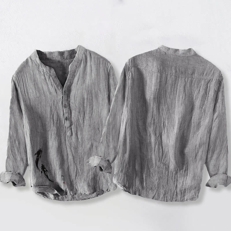 Camicia da uomo in cotone e lino a maniche lunghe con motivo Buddha Stones due pesci koi, bottoni a metà - image 5