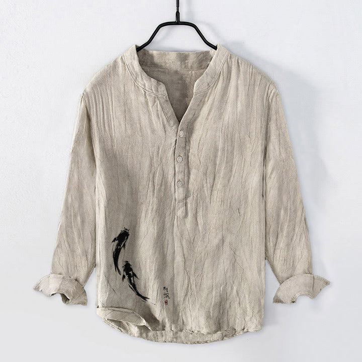 Camicia da uomo in cotone e lino a maniche lunghe con motivo Buddha Stones due pesci koi, bottoni a metà - Biancheria - US/UK/AU50, EU60 (5XL) - image 0