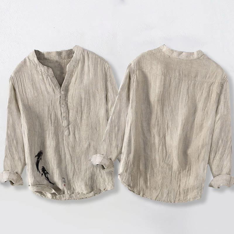 Camicia da uomo in cotone e lino a maniche lunghe con motivo Buddha Stones due pesci koi, bottoni a metà - image 2