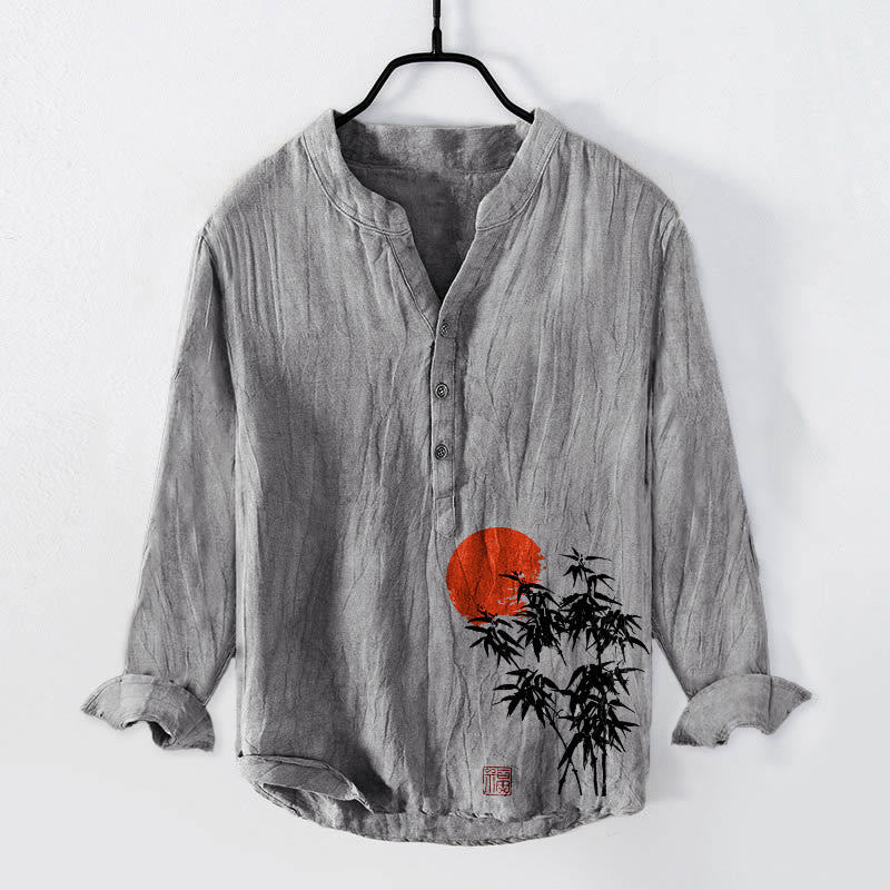 Camicia da uomo in cotone e lino a maniche lunghe con bottoni mezzi, motivo sole rosso, Buddha Stones - Grigio - US/UK/AU50, EU60 (5XL) - image 3