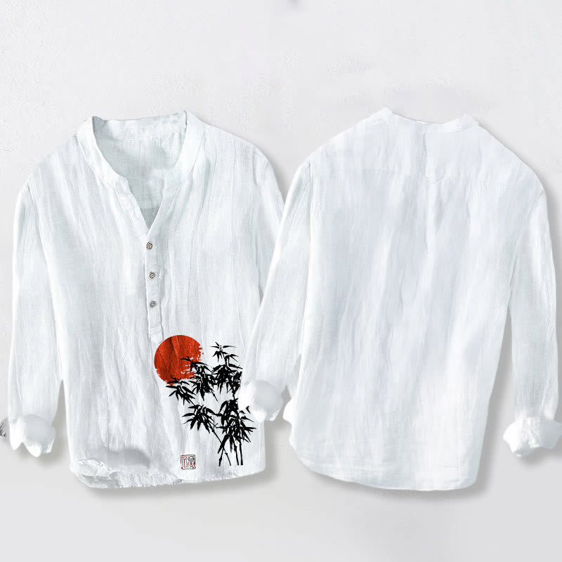 Camicia da uomo in cotone e lino a maniche lunghe con bottoni mezzi, motivo sole rosso, Buddha Stones - image 8