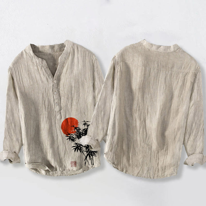 Camicia da uomo in cotone e lino a maniche lunghe con bottoni mezzi, motivo sole rosso, Buddha Stones - image 2