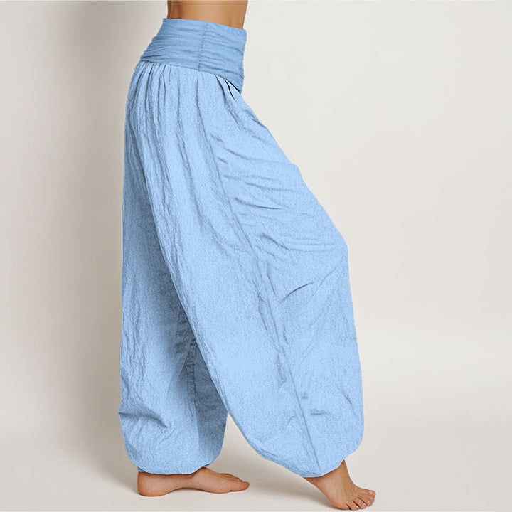 Pantaloni harem da donna con elastico in vita, in puro cotone azzurro cielo, Buddha Stones - image 2