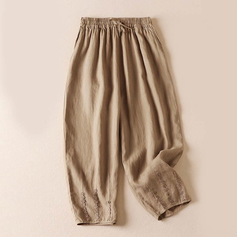 Pantaloni harem estivi con piccole decorazioni floreali e tasche, ispirati a Buddha Stones. - Grano - US8-10, UK/AU12-14, EU40-42 (2XL) - image 0