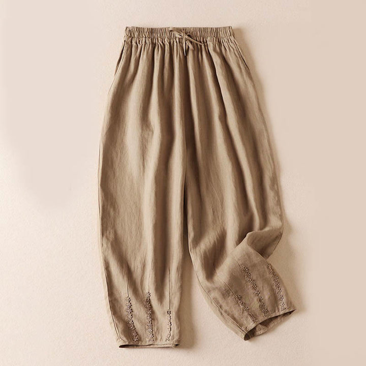 Pantaloni harem estivi con piccole decorazioni floreali e tasche, ispirati a Buddha Stones. - Grano - US8-10, UK/AU12-14, EU40-42 (2XL) - image 0