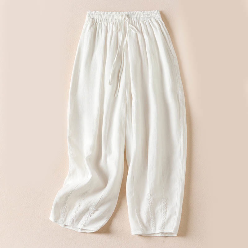 Pantaloni harem estivi con piccole decorazioni floreali e tasche, ispirati a Buddha Stones. - Bianco - US8-10, UK/AU12-14, EU40-42 (2XL) - image 17