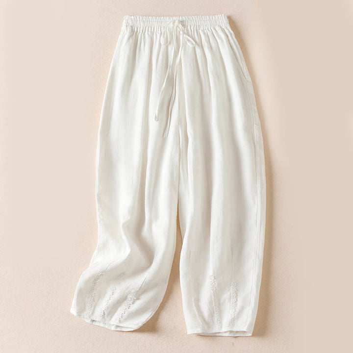 Pantaloni harem estivi con piccole decorazioni floreali e tasche, ispirati a Buddha Stones. - Bianco - US8-10, UK/AU12-14, EU40-42 (2XL) - image 17