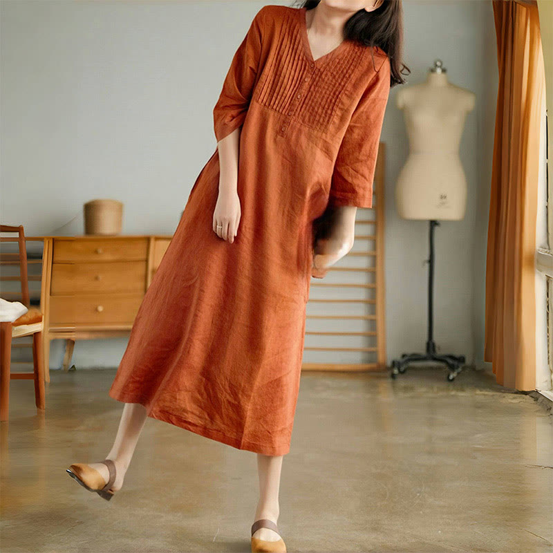 Abito midi casual con pieghe a fisarmonica, scollo a V, maniche corte e tasche, modello Buddha Stones - image 7