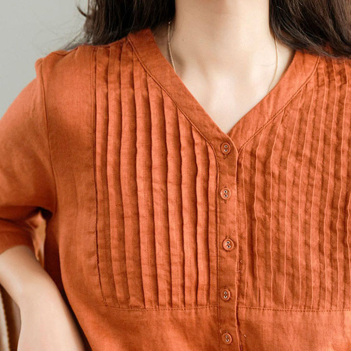 Abito midi casual con pieghe a fisarmonica, scollo a V, maniche corte e tasche, modello Buddha Stones - image 11