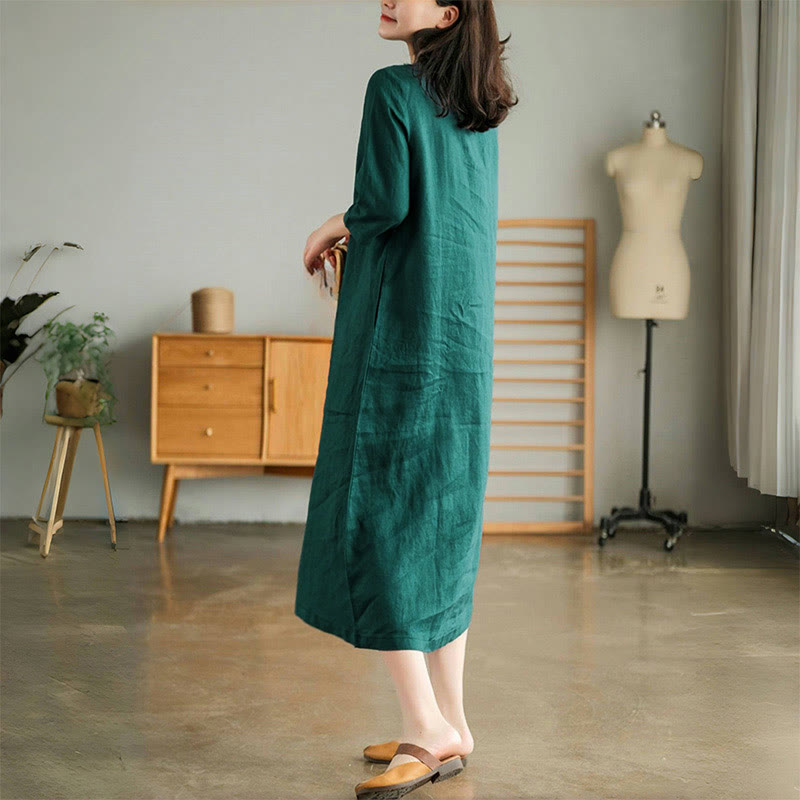 Abito midi casual con pieghe a fisarmonica, scollo a V, maniche corte e tasche, modello Buddha Stones - image 2