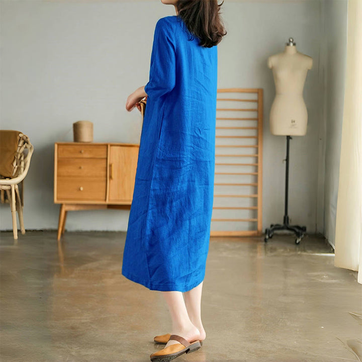 Abito midi casual con pieghe a fisarmonica, scollo a V, maniche corte e tasche, modello Buddha Stones - image 5