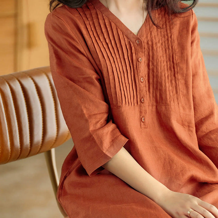 Abito midi casual con pieghe a fisarmonica, scollo a V, maniche corte e tasche, modello Buddha Stones - image 9