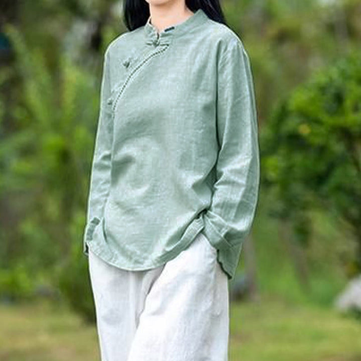 Bottone con nodo del colletto obliquo con Buddha Stones, abbigliamento in lino largo - image 3