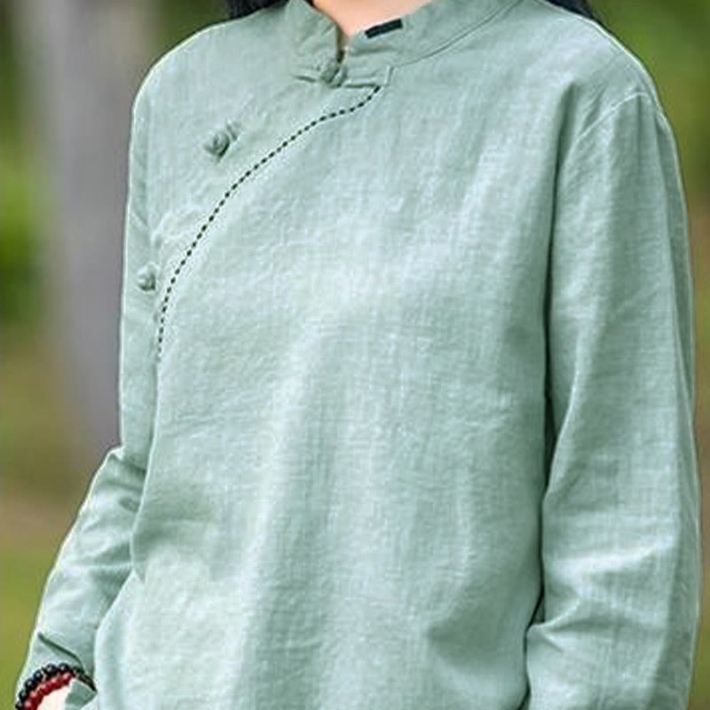 Bottone con nodo del colletto obliquo con Buddha Stones, abbigliamento in lino largo - image 7