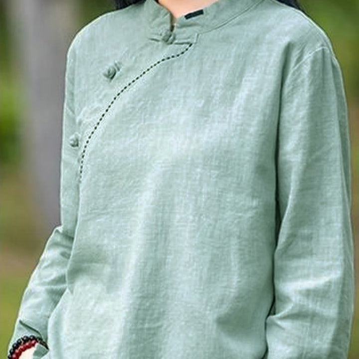 Bottone con nodo del colletto obliquo con Buddha Stones, abbigliamento in lino largo - image 7