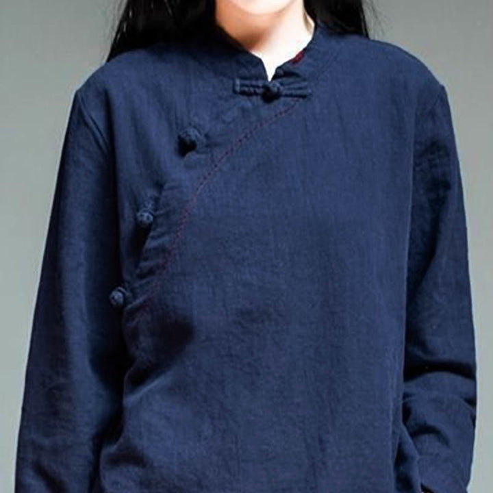 Bottone con nodo del colletto obliquo con Buddha Stones, abbigliamento in lino largo - image 14