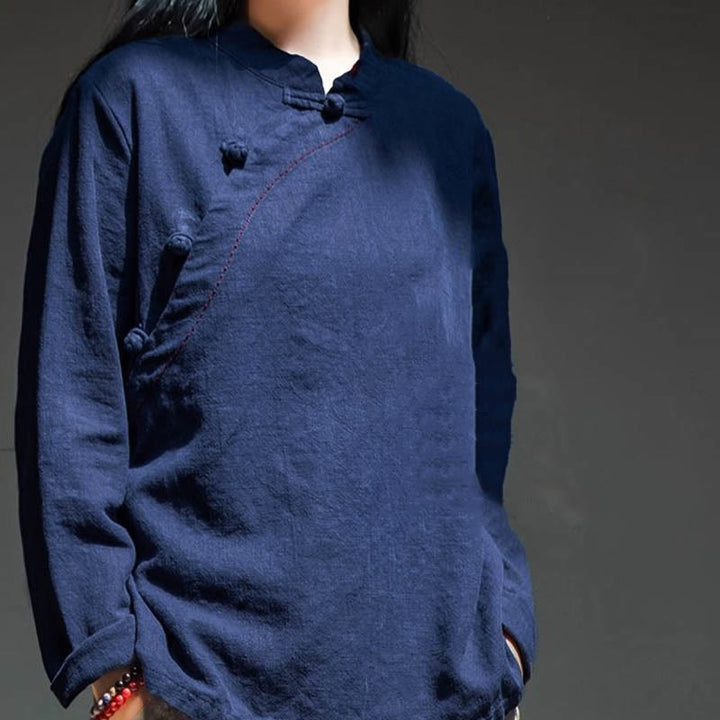 Bottone con nodo del colletto obliquo con Buddha Stones, abbigliamento in lino largo - image 16