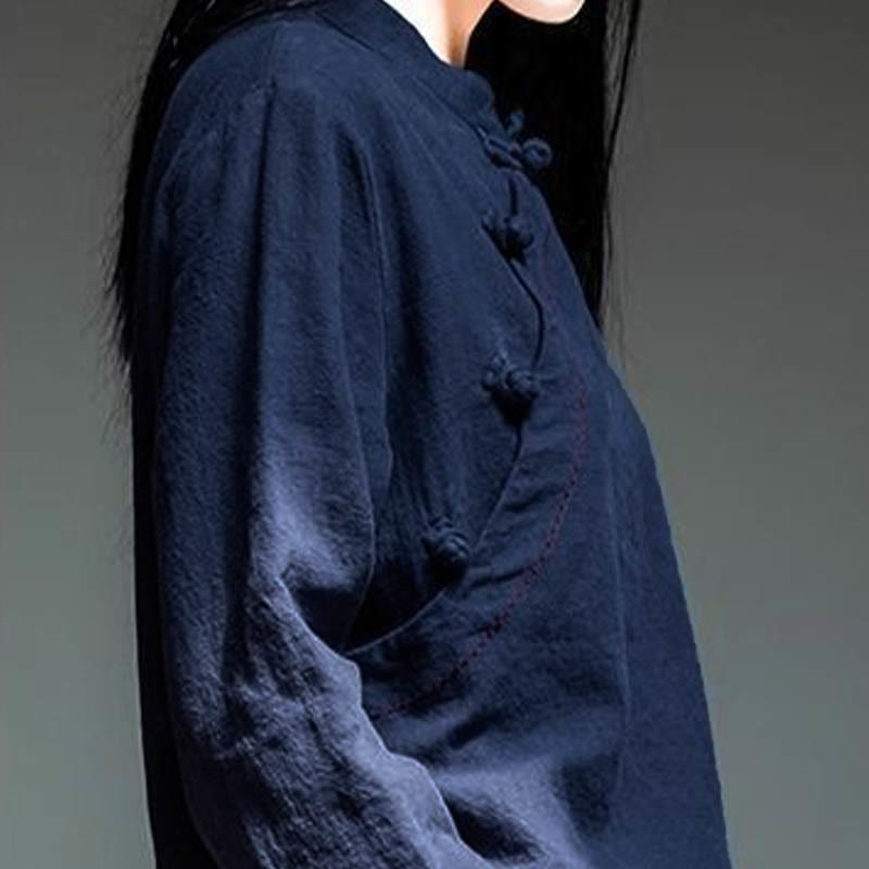 Bottone con nodo del colletto obliquo con Buddha Stones, abbigliamento in lino largo - image 15