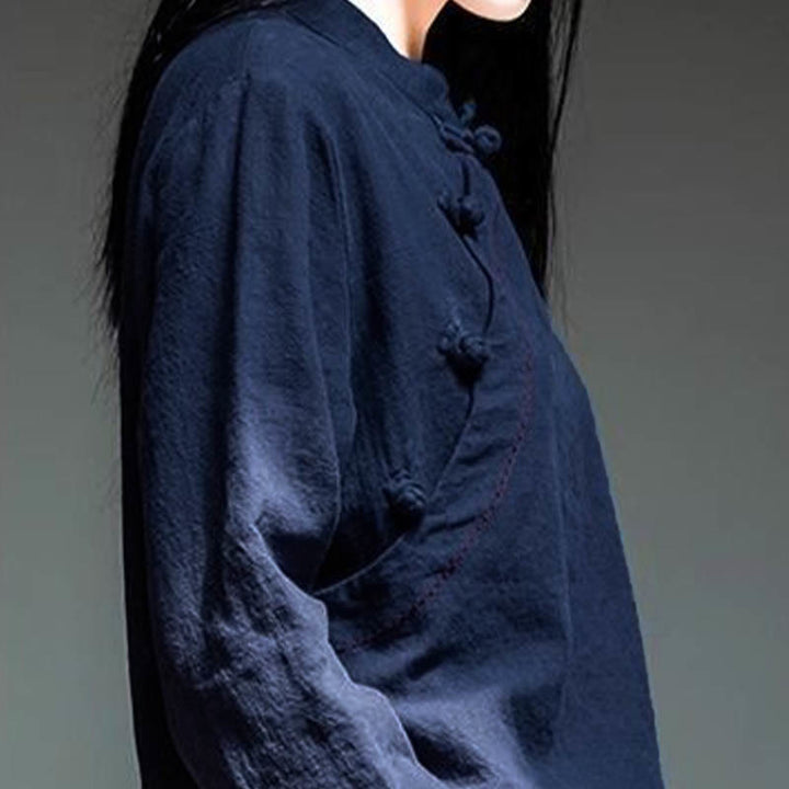 Bottone con nodo del colletto obliquo con Buddha Stones, abbigliamento in lino largo - image 15