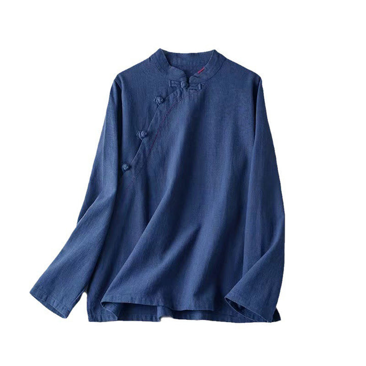Bottone con nodo del colletto obliquo con Buddha Stones, abbigliamento in lino largo - image 22