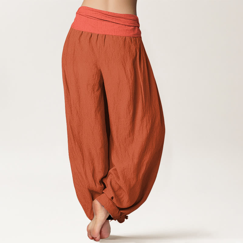 Buddha Stones Pantaloni harem elasticizzati in puro cotone da donna color rosso arancione - image 1