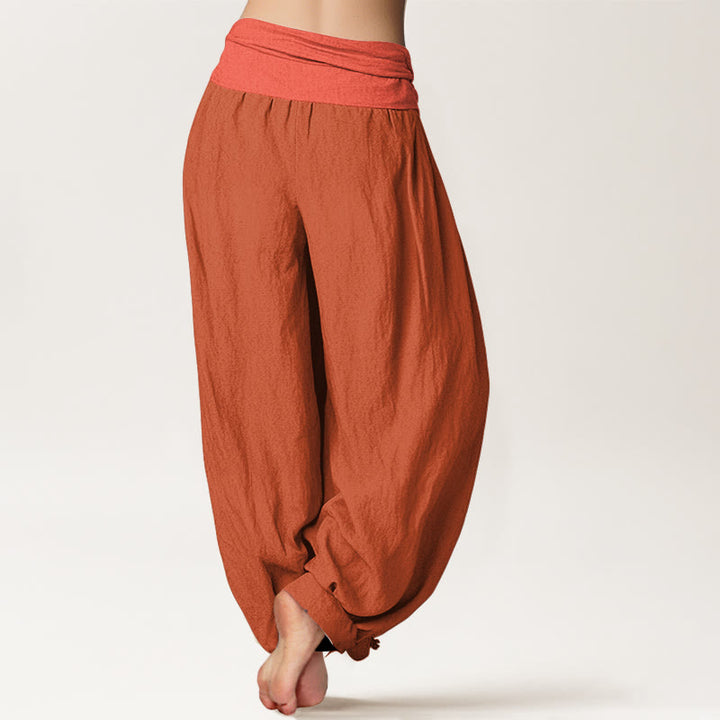 Buddha Stones Pantaloni harem elasticizzati in puro cotone da donna color rosso arancione - image 1