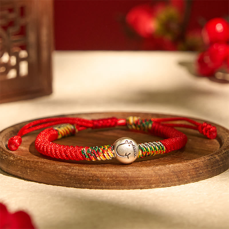 Bracciale intrecciato con corda rossa in argento sterling 999 con motivo zodiacale cinese dell'anno del cavallo , Buddha Stones - image 3