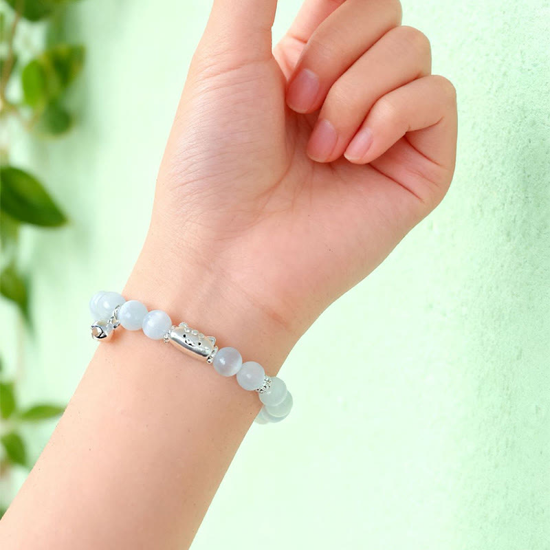 Braccialetto positivo Buddha Stones in argento sterling 999 con testa di gatto naturale, occhio di gatto bianco, agata bianca - image 6