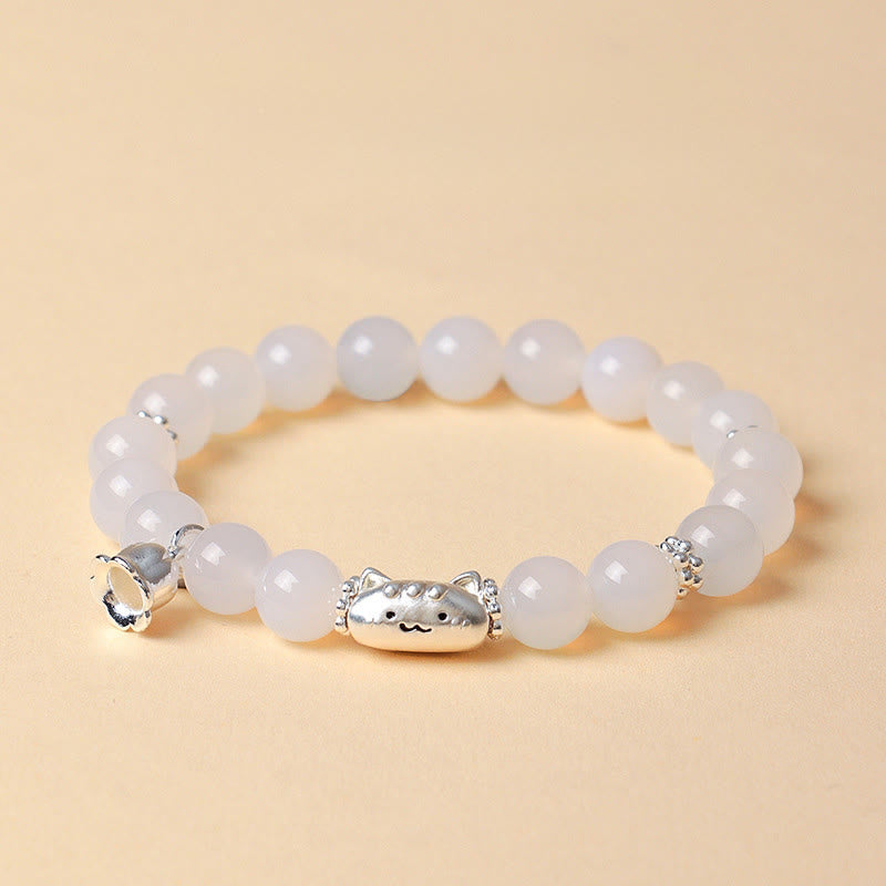 Braccialetto positivo Buddha Stones in argento sterling 999 con testa di gatto naturale, occhio di gatto bianco, agata bianca - image 10