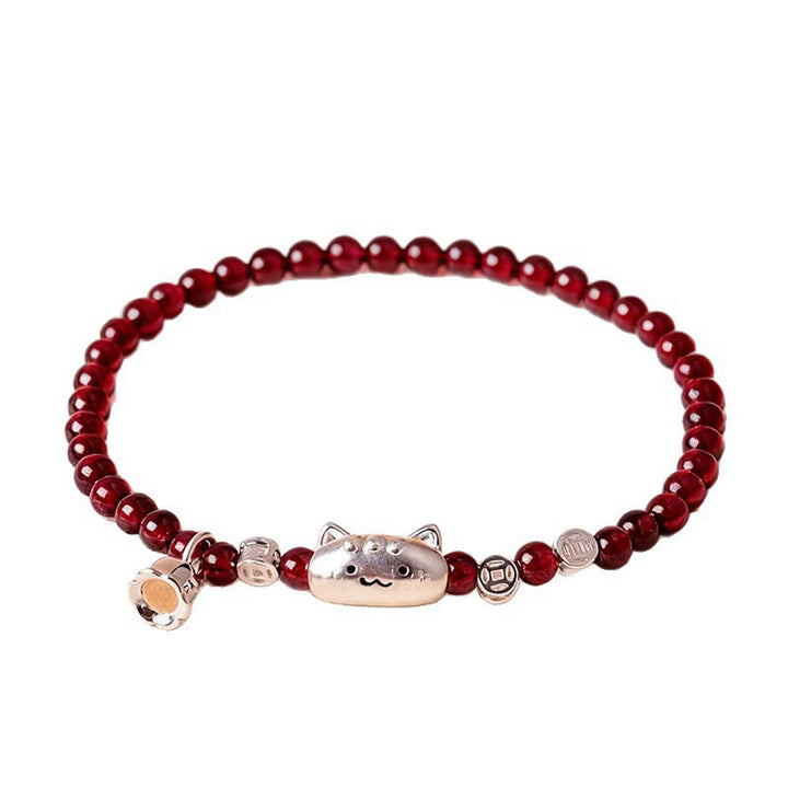 Braccialetto di perline di protezione in granato naturale a forma di testa di gatto, in argento sterling 999, Buddha Stones - image 4
