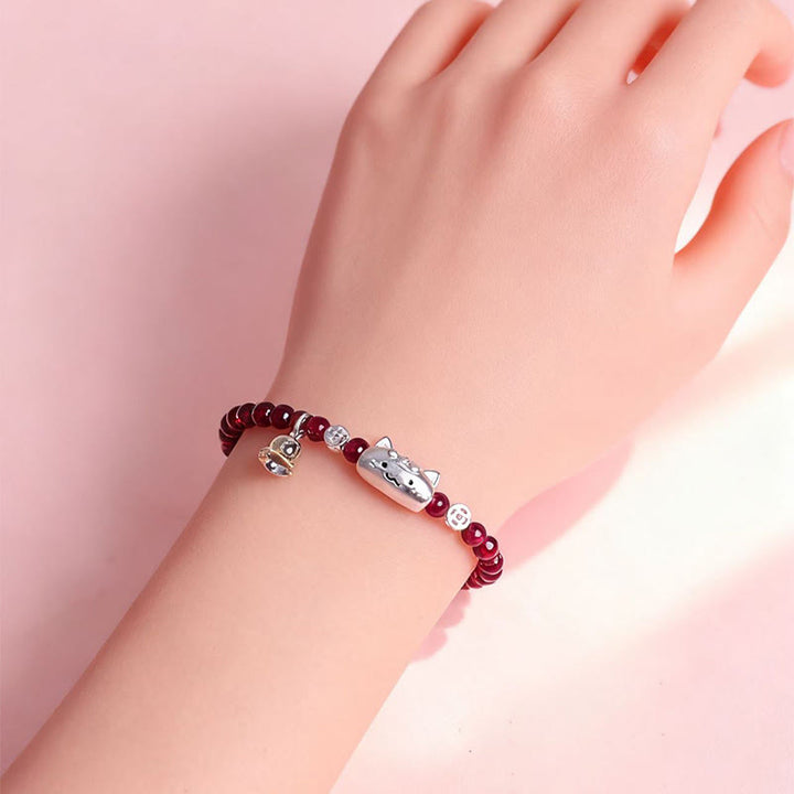 Braccialetto di perline di protezione in granato naturale a forma di testa di gatto, in argento sterling 999, Buddha Stones - image 6