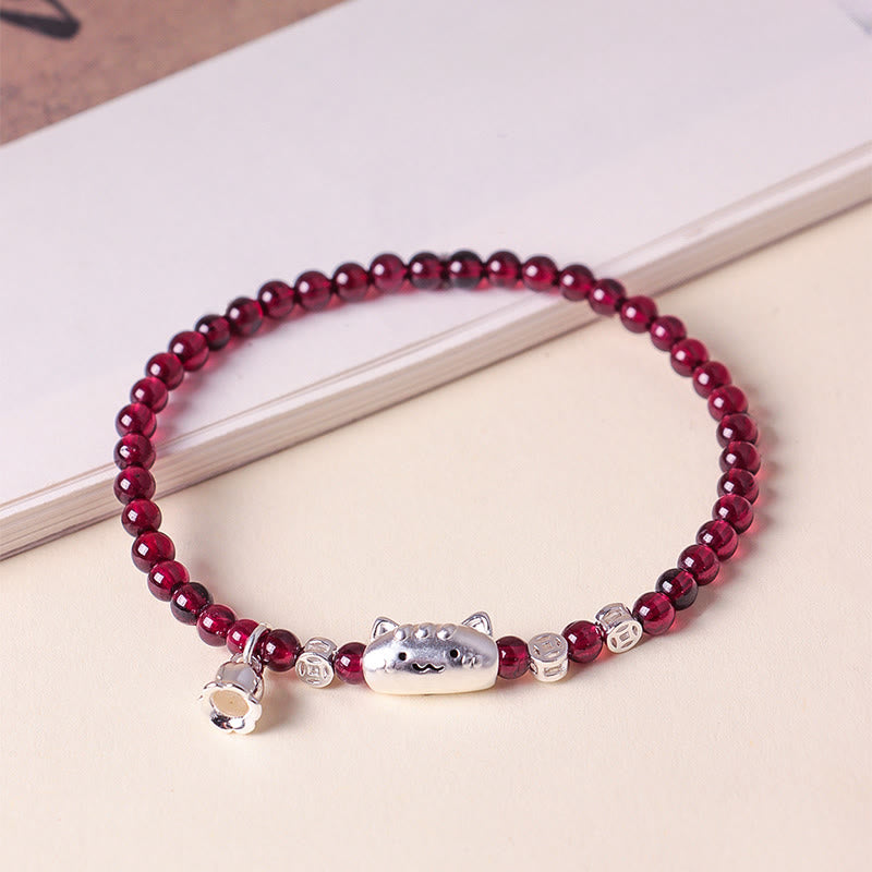Braccialetto di perline di protezione in granato naturale a forma di testa di gatto, in argento sterling 999, Buddha Stones - image 2