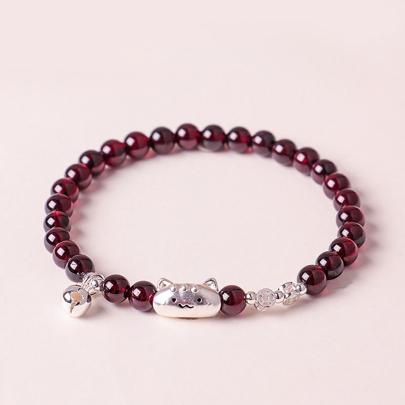 Braccialetto di perline di protezione in granato naturale a forma di testa di gatto, in argento sterling 999, Buddha Stones - Granato da 6 mm (circonferenza del polso: 13-15 cm) - image 13
