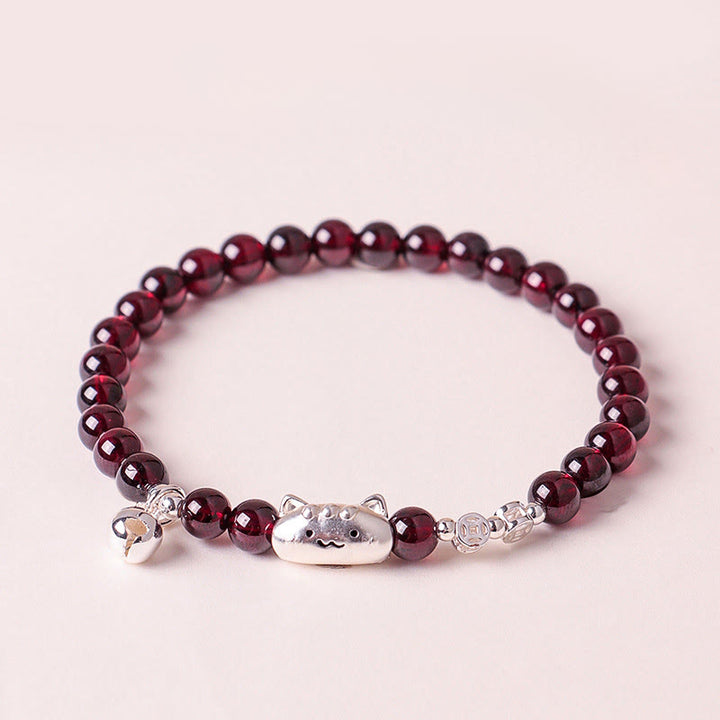 Braccialetto di perline di protezione in granato naturale a forma di testa di gatto, in argento sterling 999, Buddha Stones - Granato da 6 mm (circonferenza del polso: 13-15 cm) - image 13
