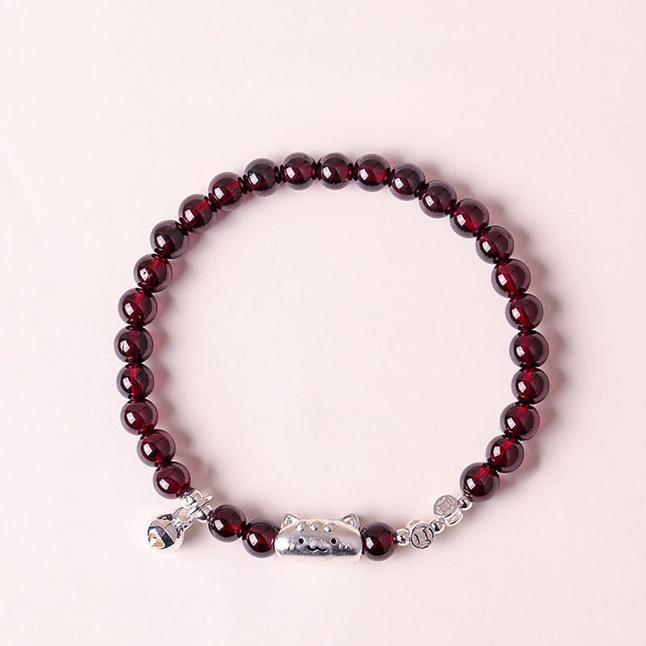 Braccialetto di perline di protezione in granato naturale a forma di testa di gatto, in argento sterling 999, Buddha Stones - image 14