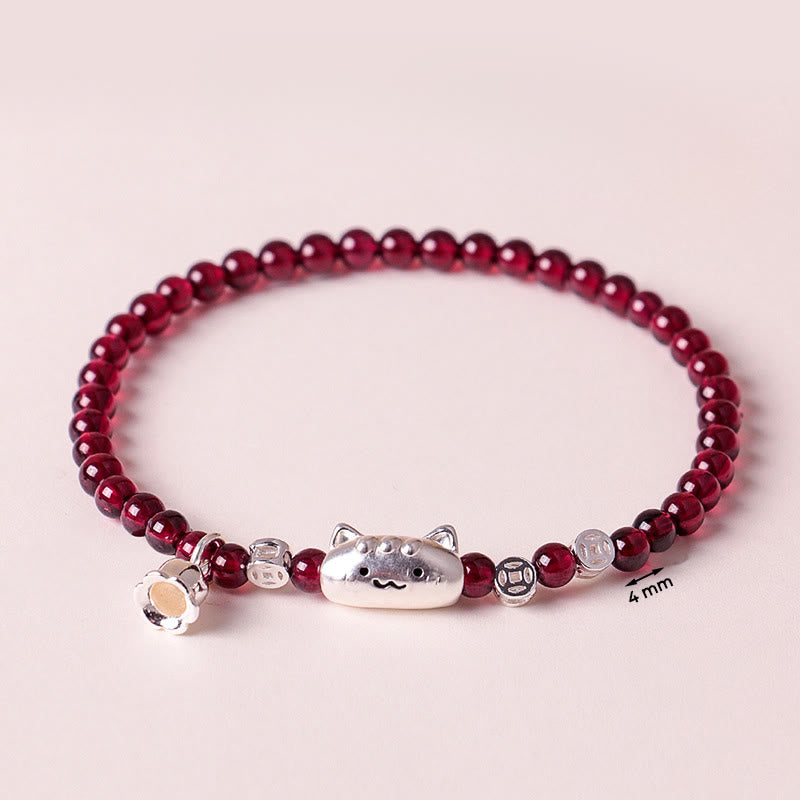 Braccialetto di perline di protezione in granato naturale a forma di testa di gatto, in argento sterling 999, Buddha Stones - image 3