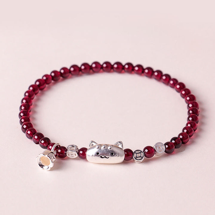 Braccialetto di perline di protezione in granato naturale a forma di testa di gatto, in argento sterling 999, Buddha Stones - image 1