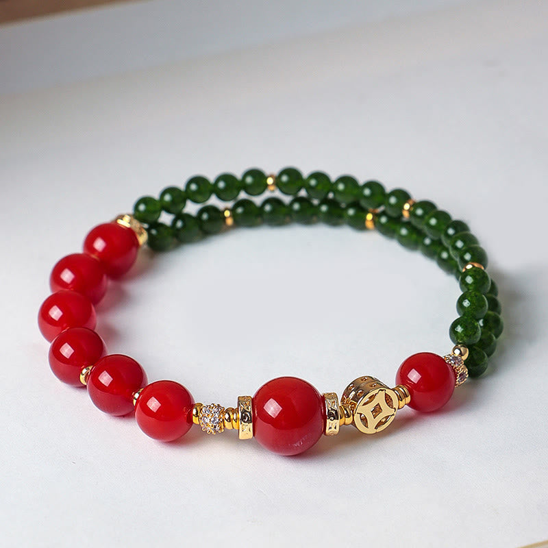 Bracciale Buddha Stones in agata rossa naturale con doppio giro e calcedonio verde - image 5