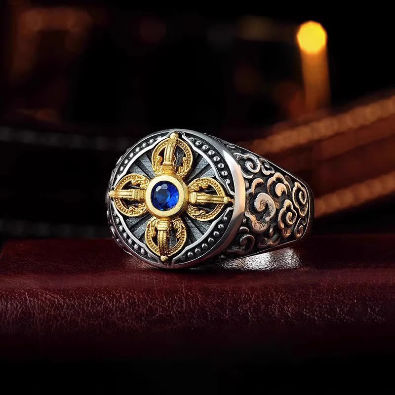 Anello regolabile in rame con motivo a croce tibetana con motivo Vajra e nuvole di buon auspicio, motivo Buddha Stones - Rame - Regolabile - image 0